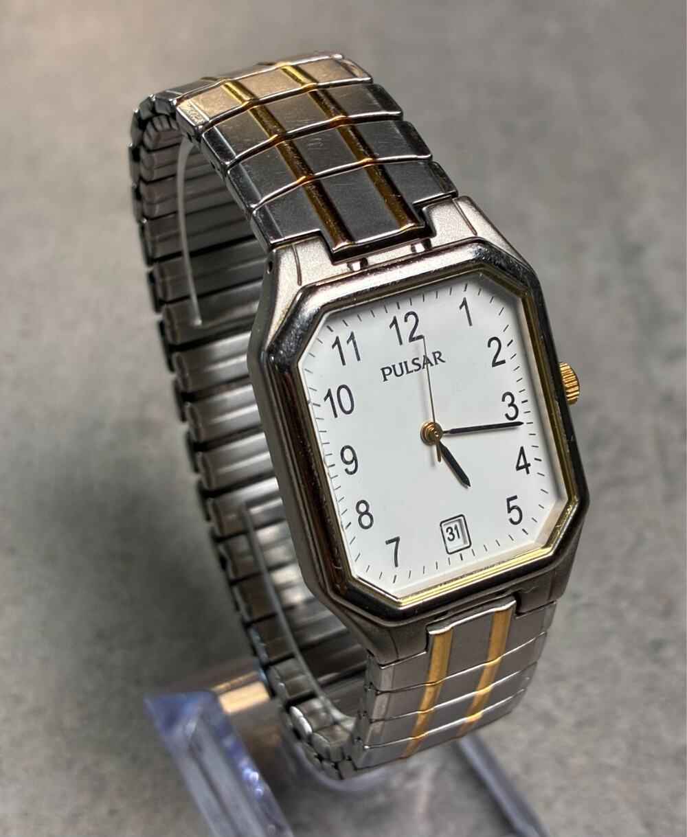 Pulsar Tank Style Men's Quartz Watch Two Tone White Dial Rare VJ32-X166 Working